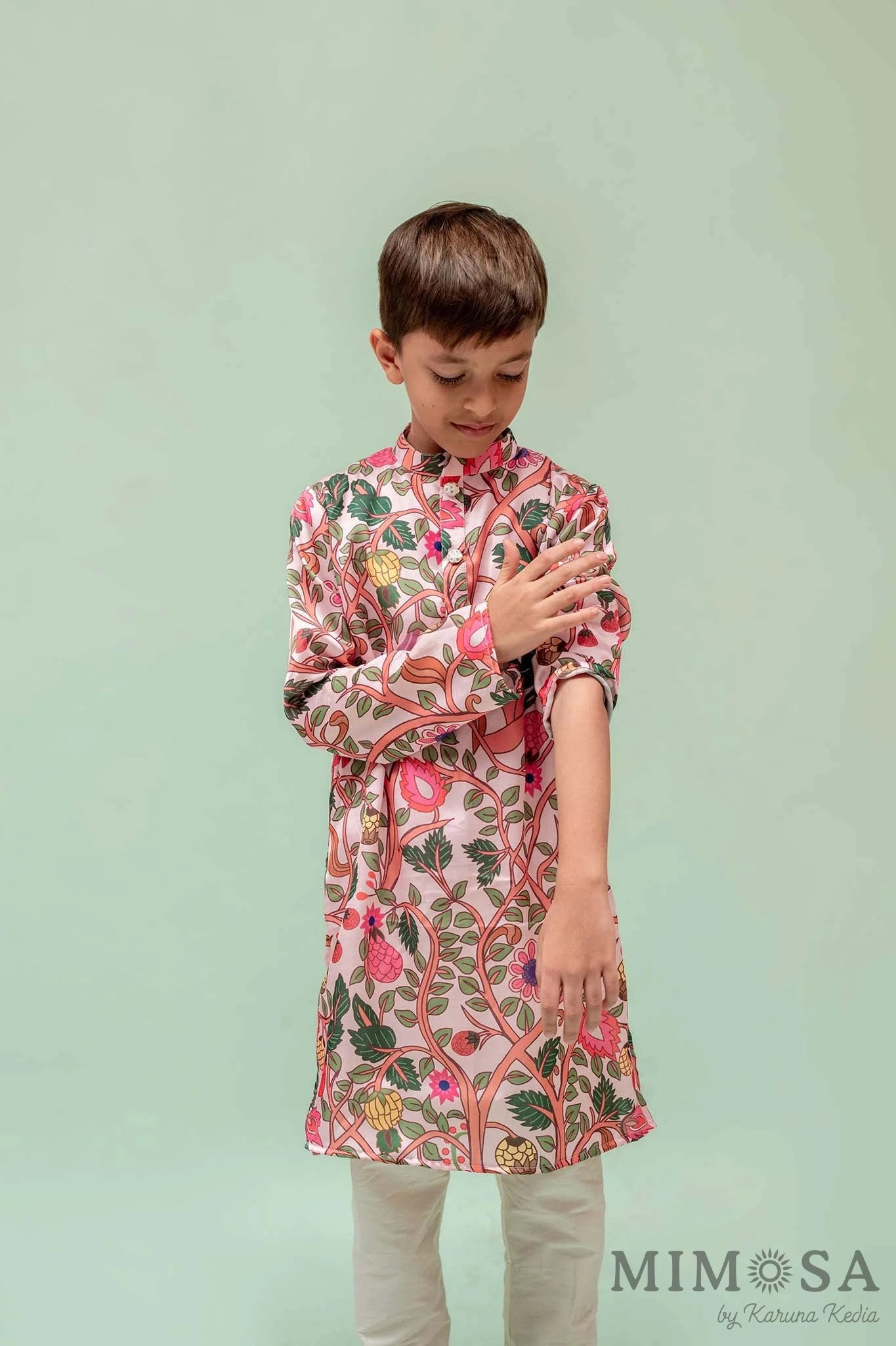 Boys - multicolor Kalamkari print on modal with a simple Chinese collar kurta  and bottom