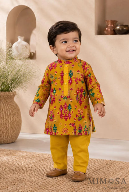 Chanderi silk Kurta with Patola print highlighted with mirror work with mal mal lining  and cotton silk pants