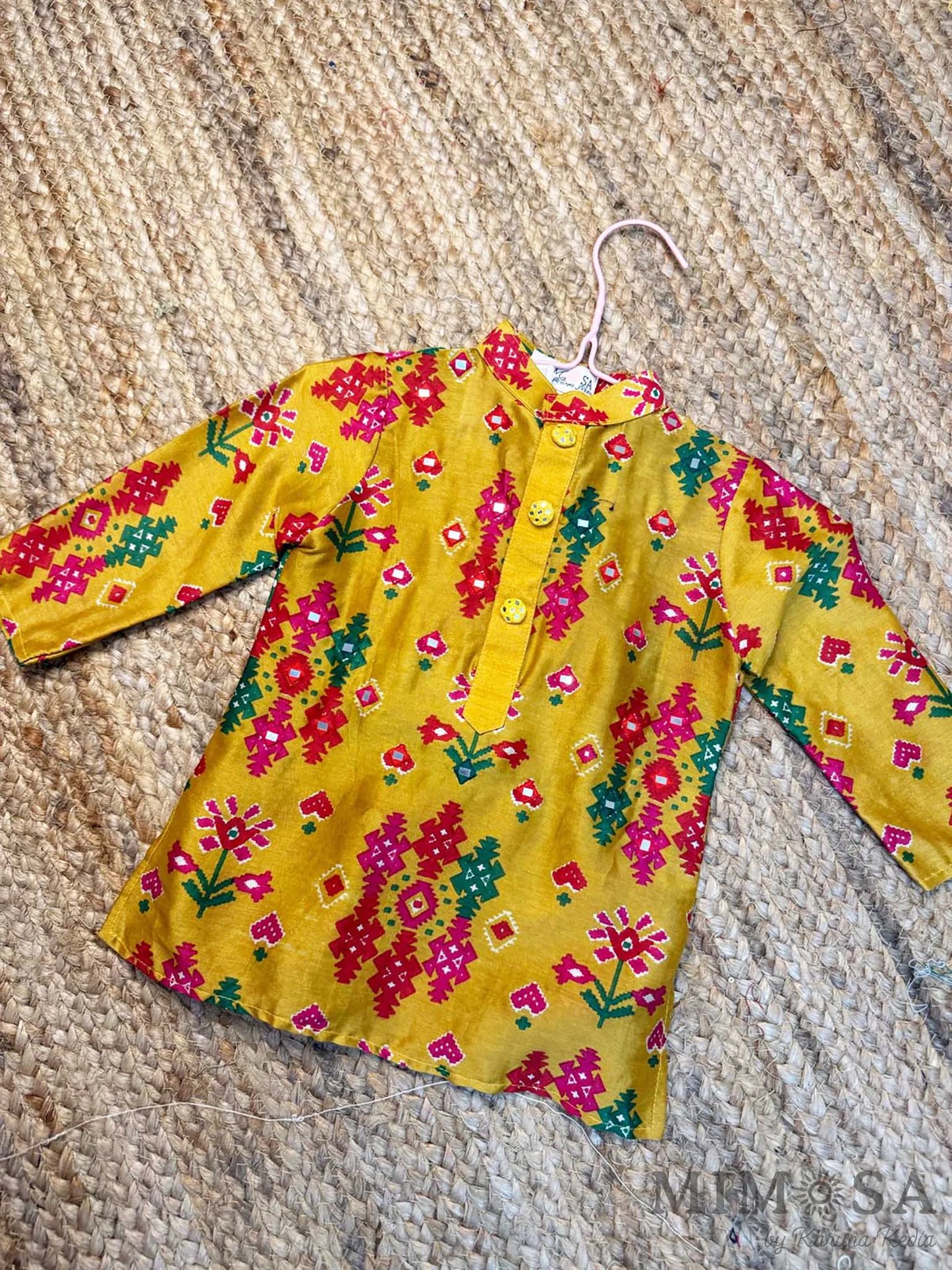 Chanderi silk Kurta with Patola print highlighted with mirror work with mal mal lining  and cotton silk pants