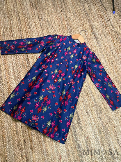 Chanderi silk Kurta with Patola print highlighted with mirror work with mal mal lining  and cotton silk pants