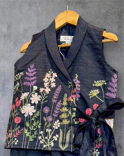 Denim coord set with embroidered jacket and pants- Floral
