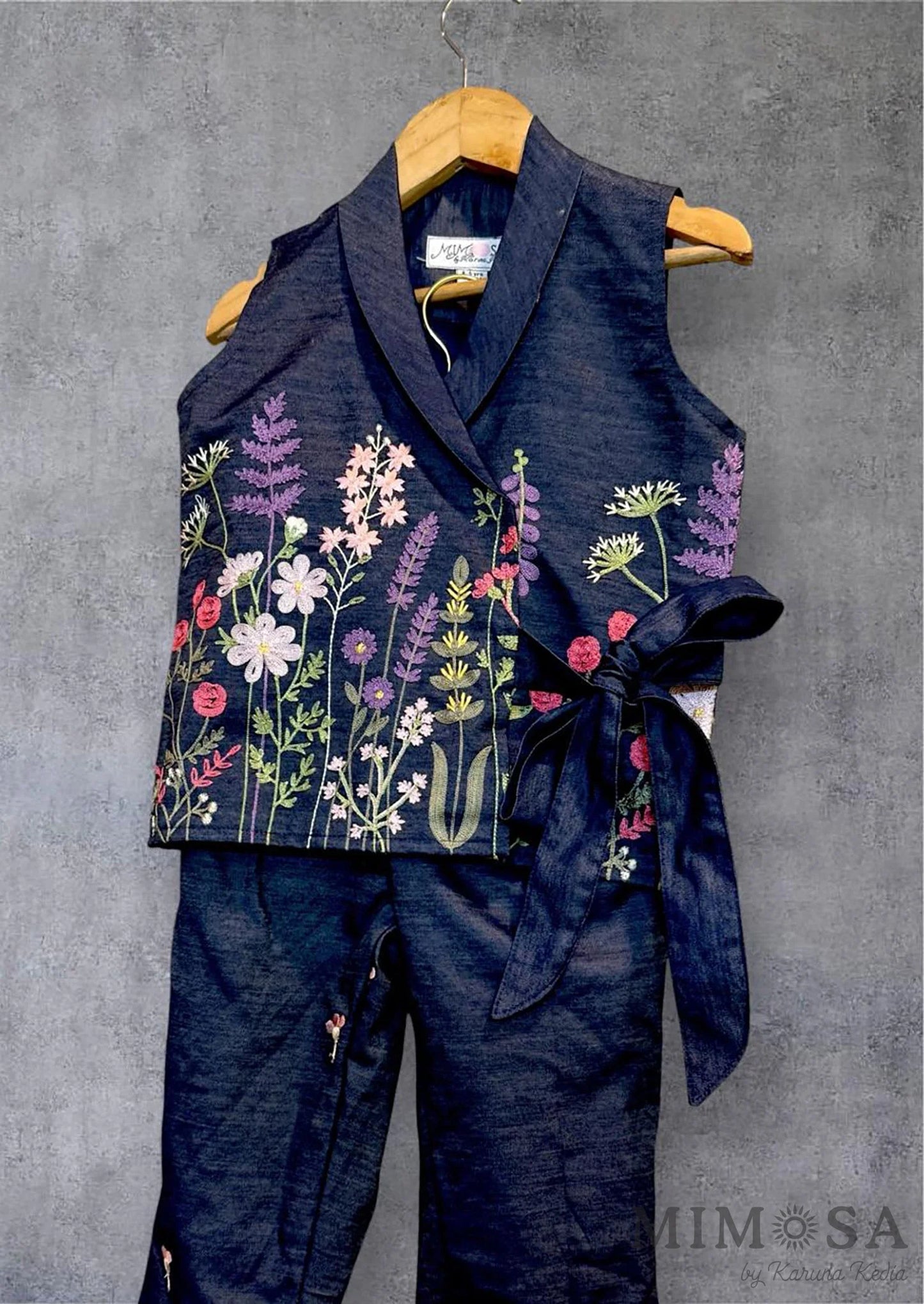 Denim coord set with embroidered jacket and pants- Floral