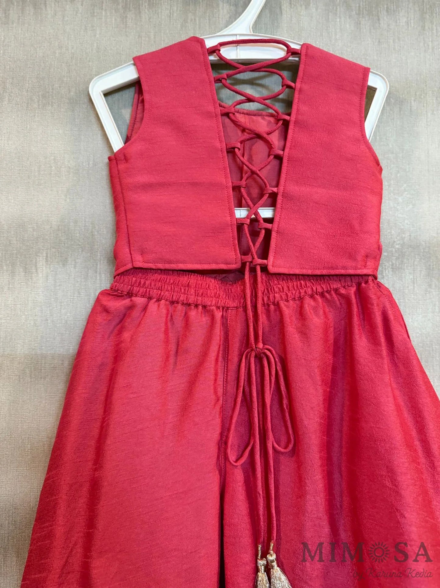Embroidered yoke top with back tie up with circular  Palazo in Bambar silk
