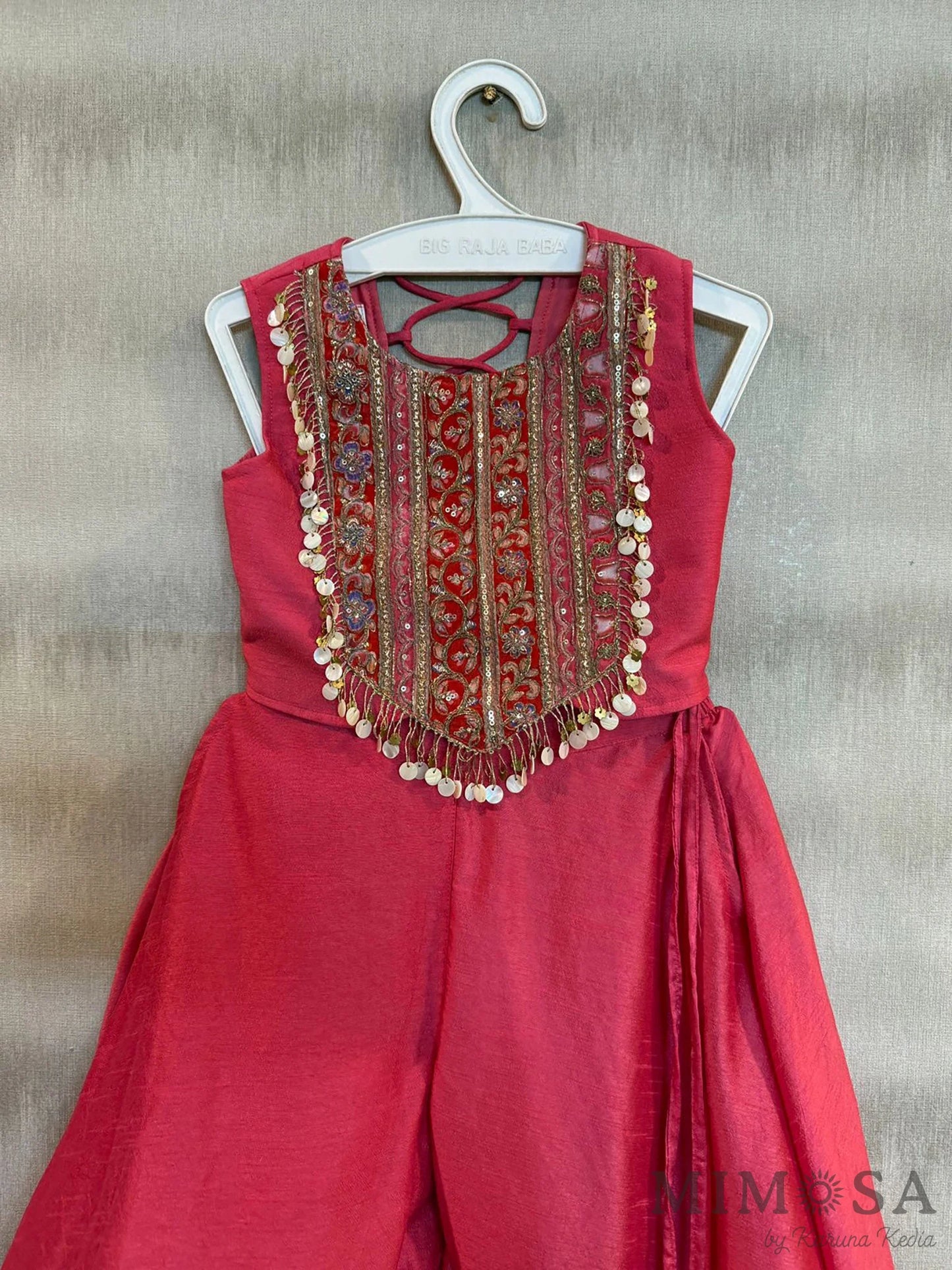 Embroidered yoke top with back tie up with circular  Palazo in Bambar silk