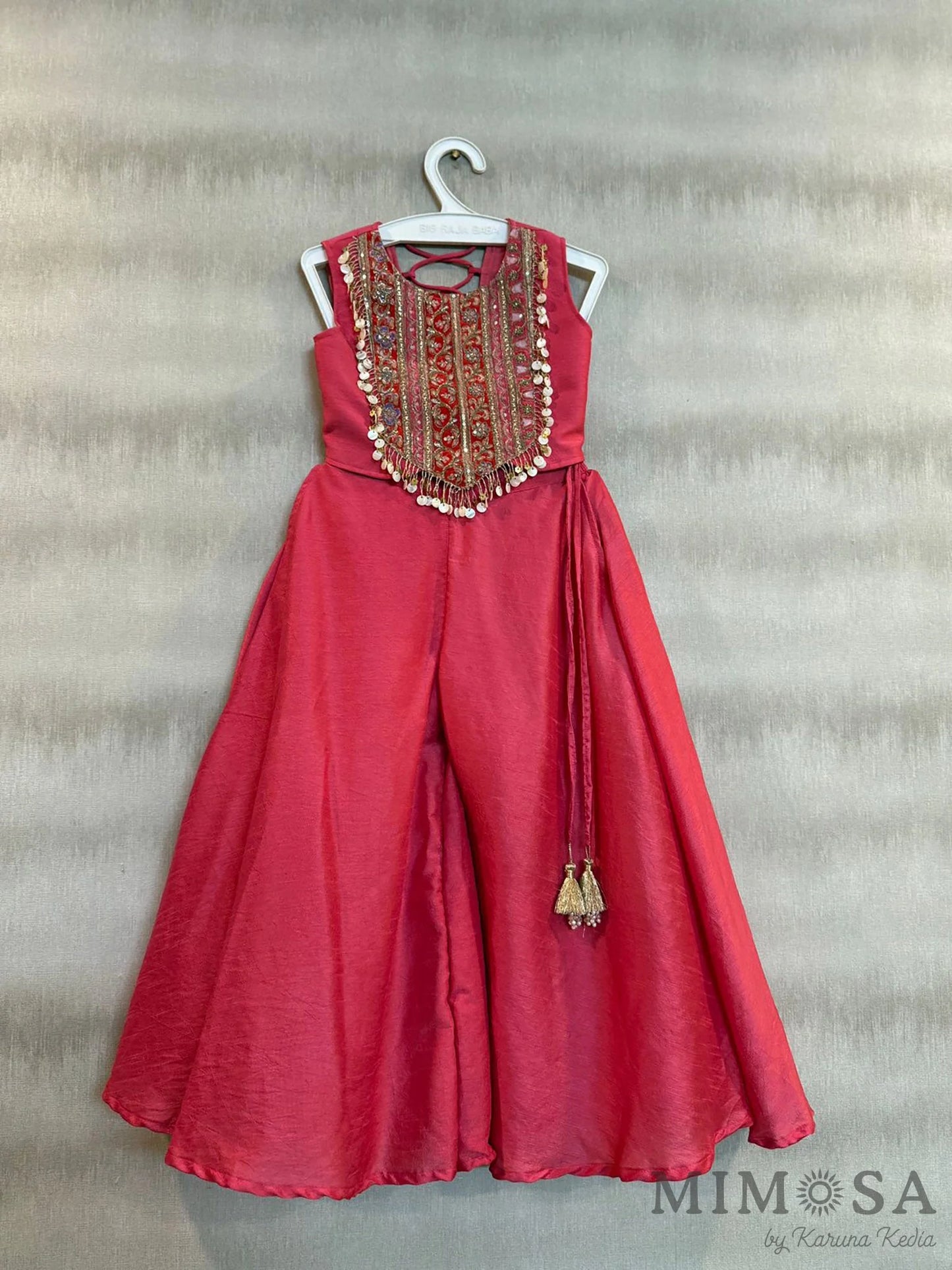 Embroidered yoke top with back tie up with circular  Palazo in Bambar silk