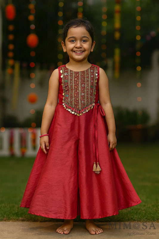 Embroidered yoke top with back tie up with circular  Palazo in Bambar silk