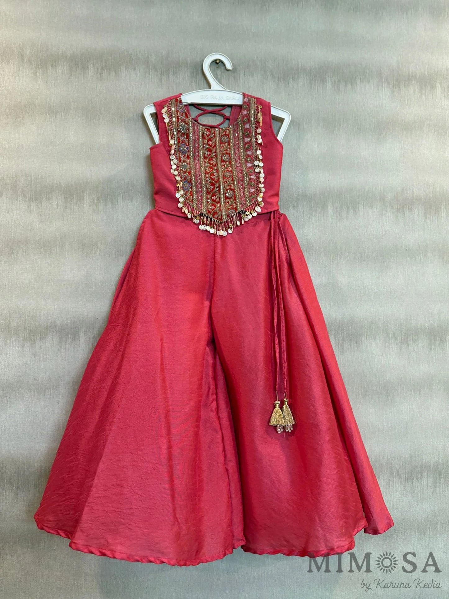 Embroidered yoke top with back tie up with circular  Palazo in Bambar silk