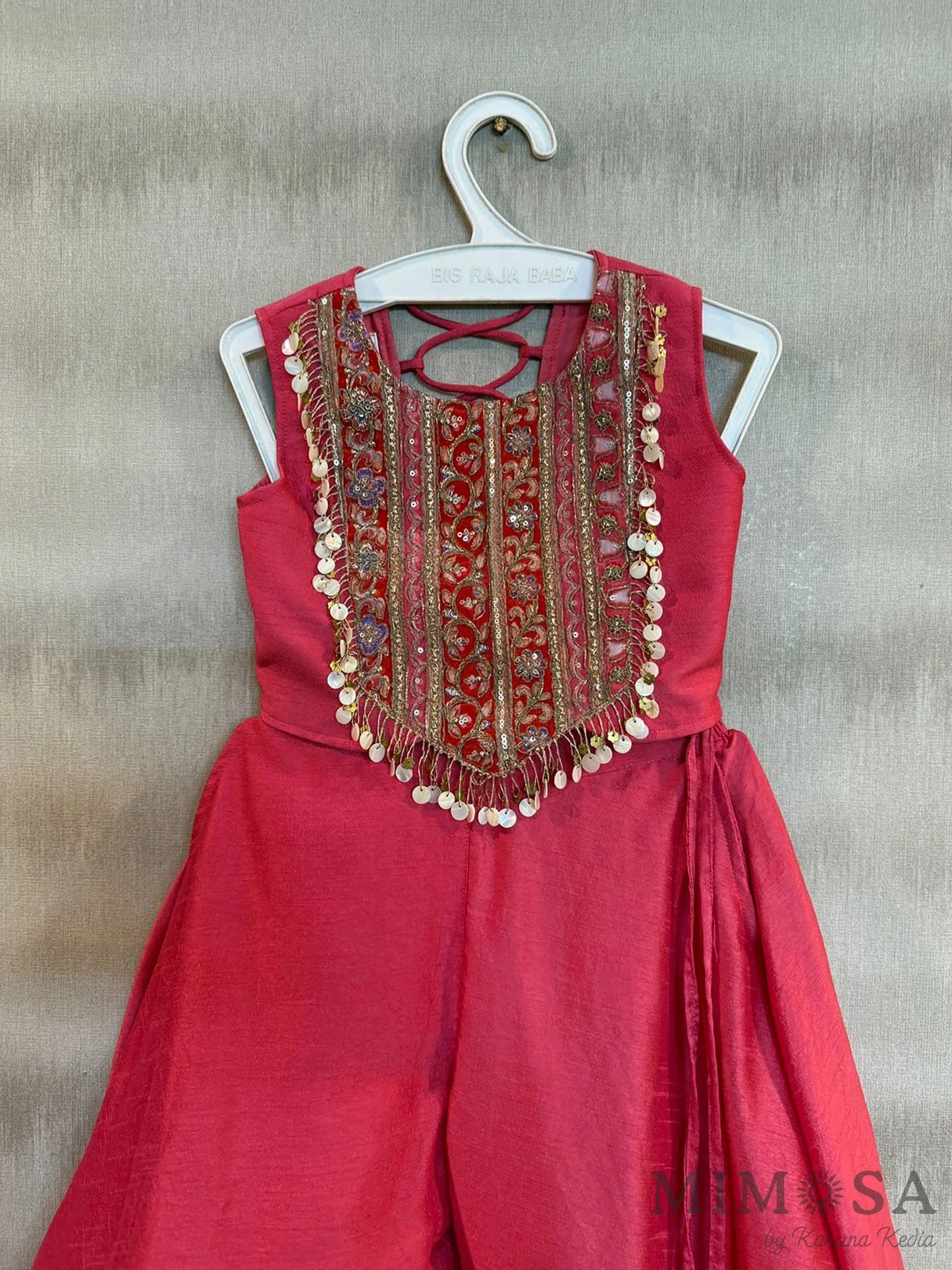 Embroidered yoke top with back tie up with circular  Palazo in Bambar silk
