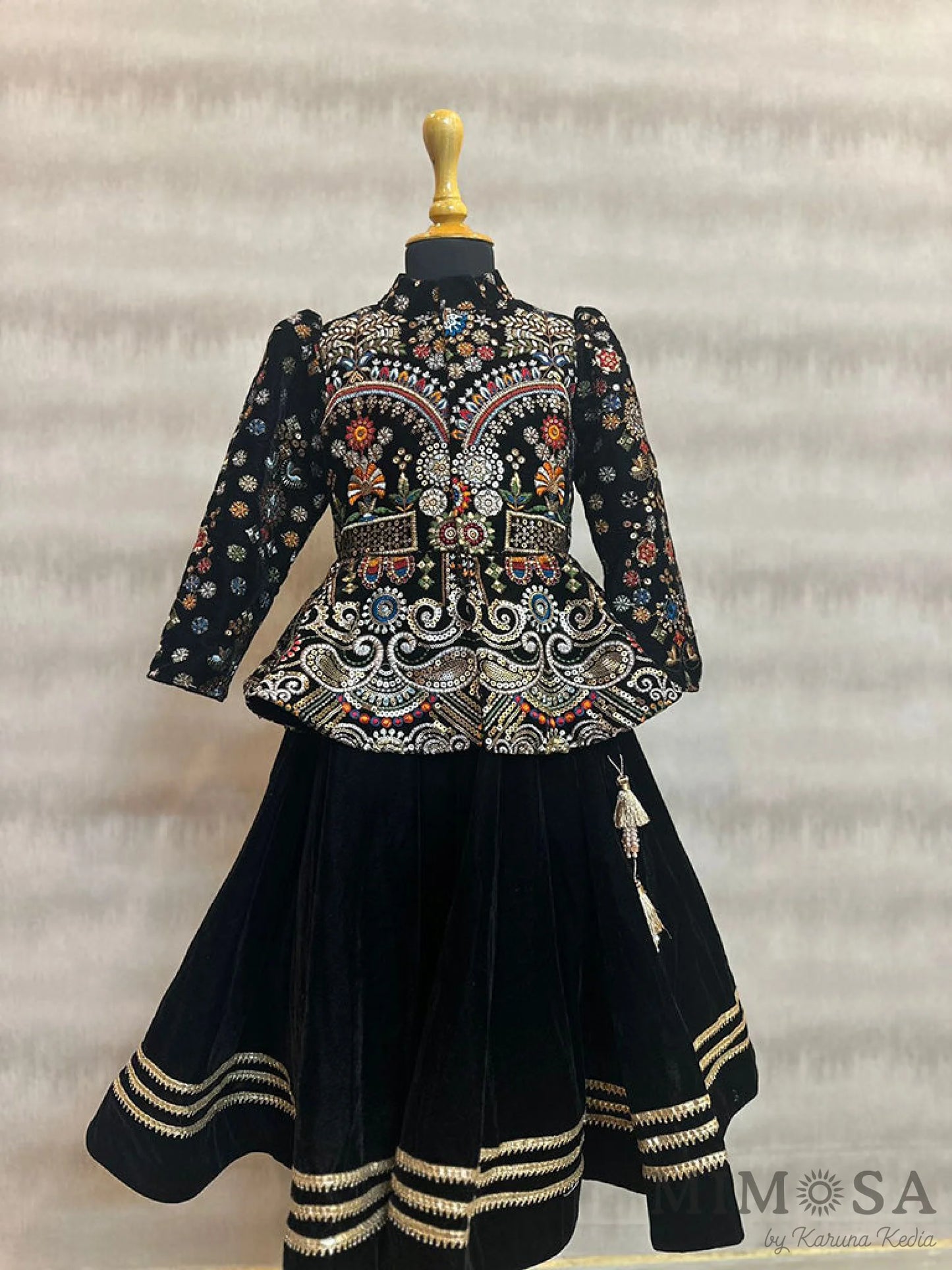 Heavy Embroidered Black Velvet Top And Gota Lace Work Flared Lehenga