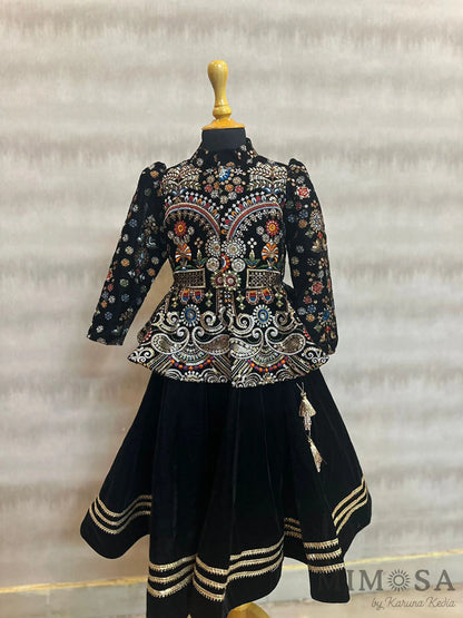 Heavy Embroidered Black Velvet Top And Gota Lace Work Flared Lehenga