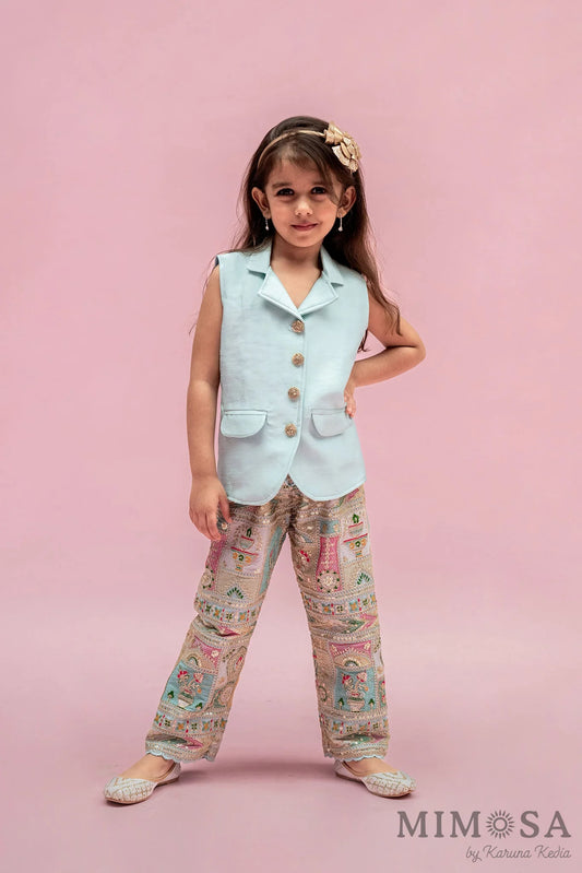 Jacket coord set - embroidered heavy pants with solid sleeveless jacket