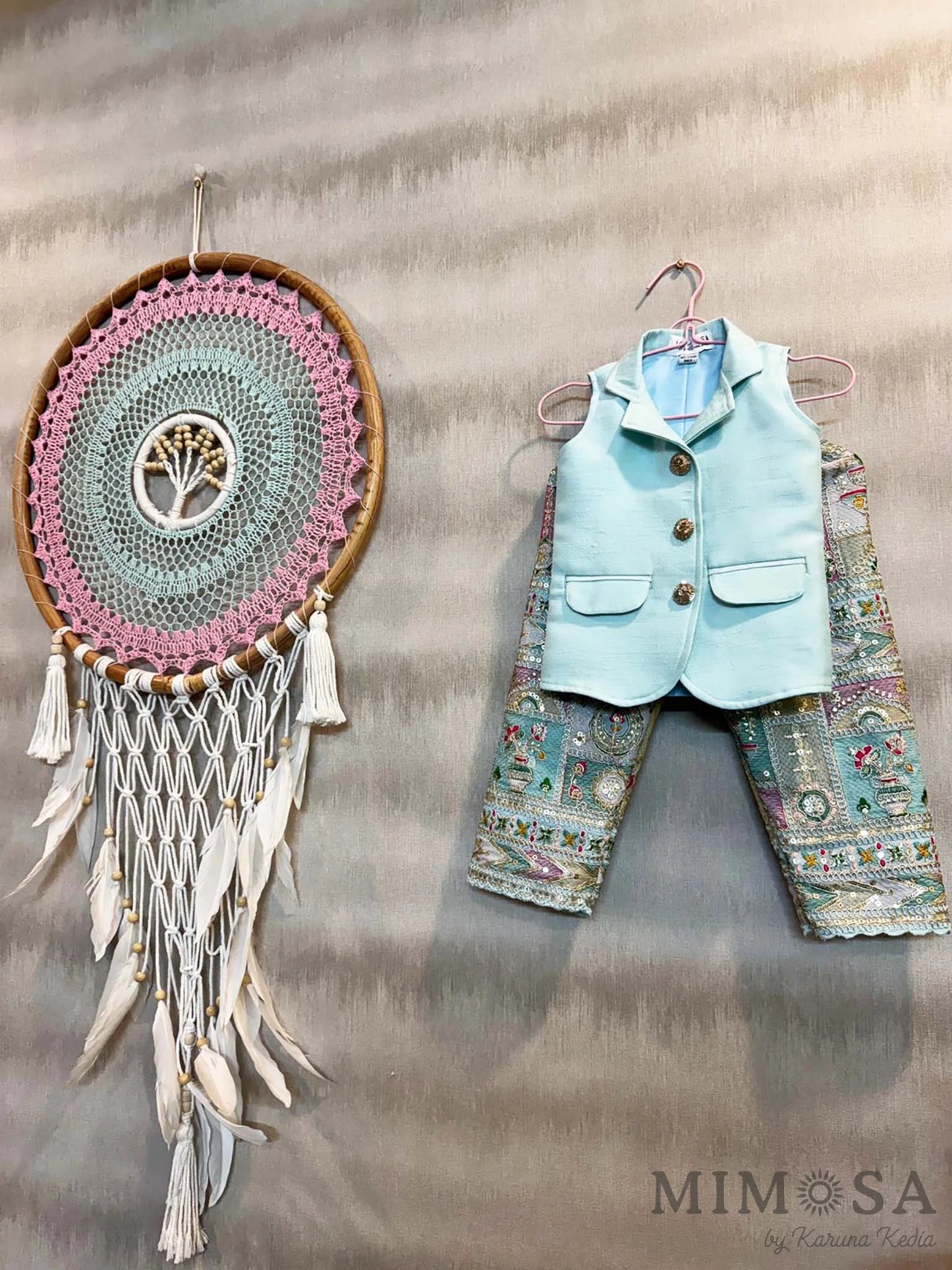 Jacket coord set - embroidered heavy pants with solid sleeveless jacket
