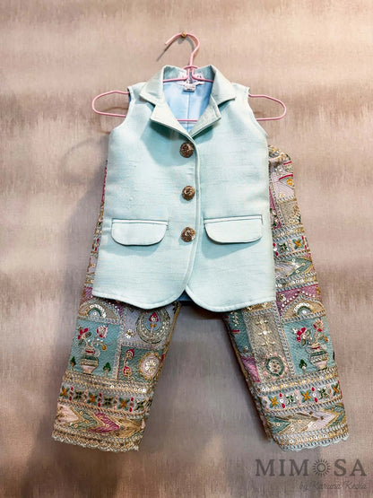 Jacket coord set - embroidered heavy pants with solid sleeveless jacket