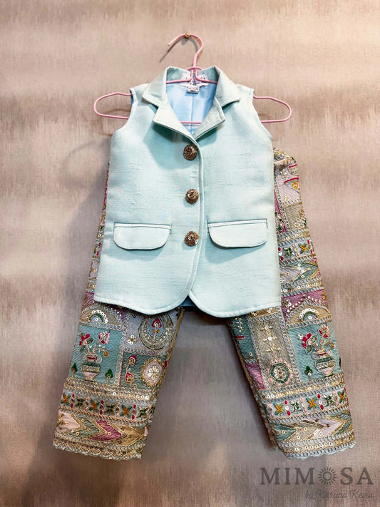 Jacket coord set - embroidered heavy pants with solid sleeveless jacket