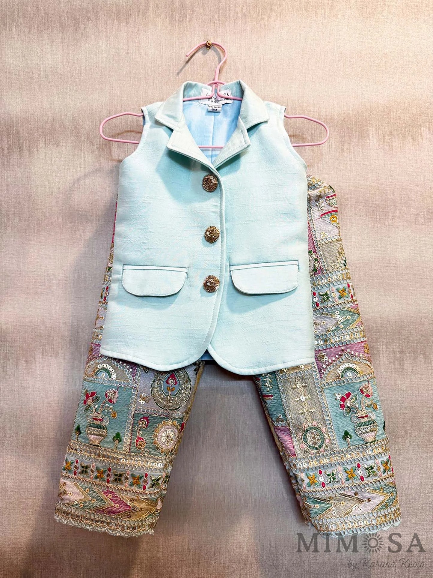 Jacket coord set - embroidered heavy pants with solid sleeveless jacket