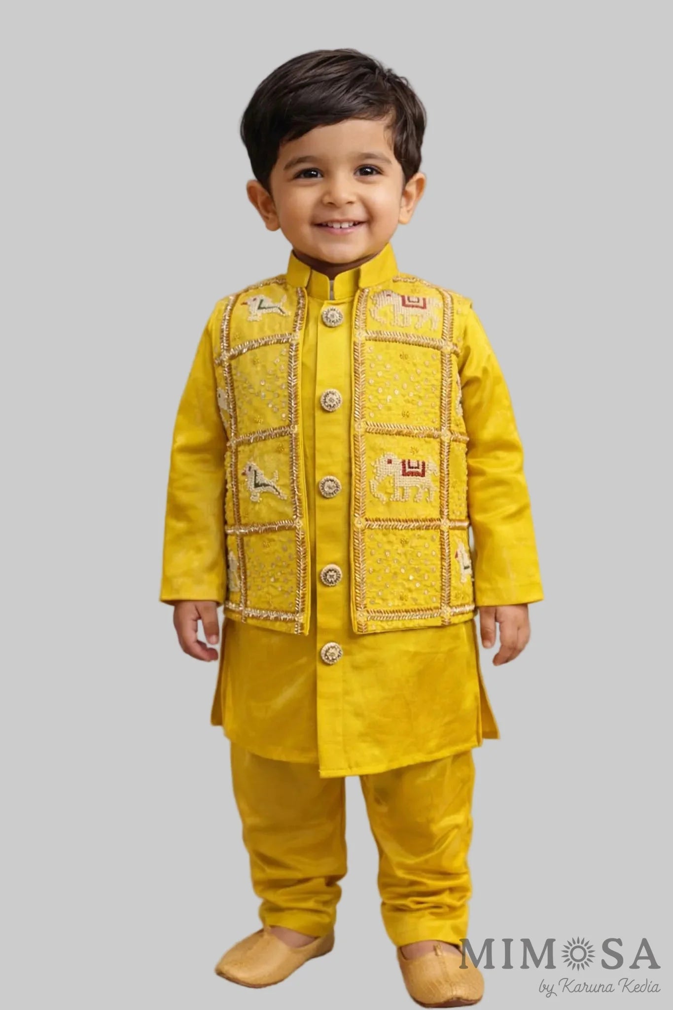 Linen satin kurta set with intricately embroidered jacket