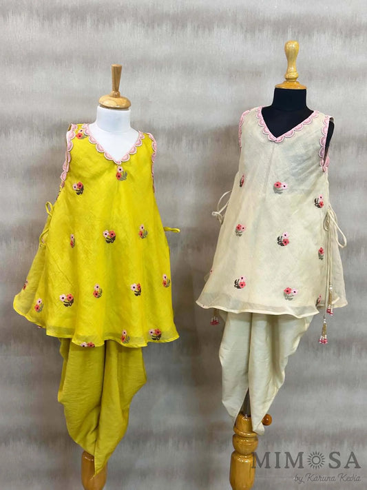 Mal chanderi kurti set with cross stitch embroidery and mal mal lining with cotton silk tulip pants