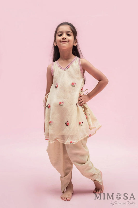 Mal chanderi kurti set with cross stitch embroidery and mal mal lining with cotton silk tulip pants