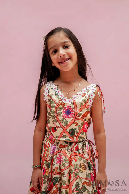 Multicolor Kalamkari prints skirt and top in vibrant hues