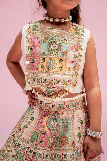 Off White Multicolour Embroidered And Embellished Top With Lehenga