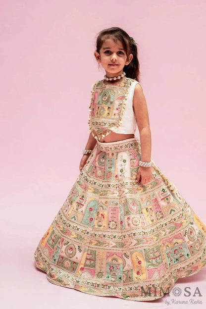 Off White Multicolour Embroidered And Embellished Top With Lehenga