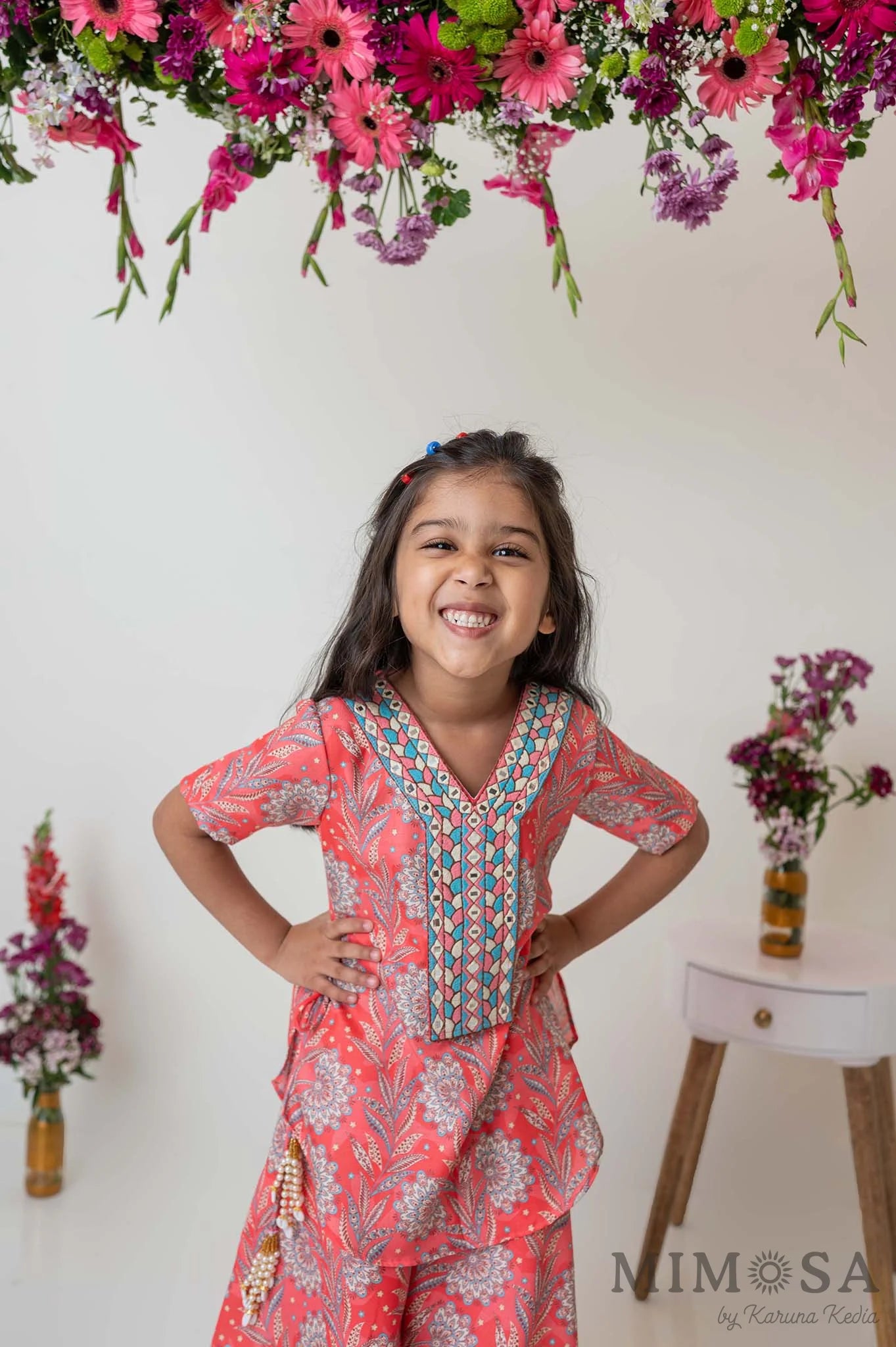 Paisley print kurti with embroidered yoke and flared palazzo