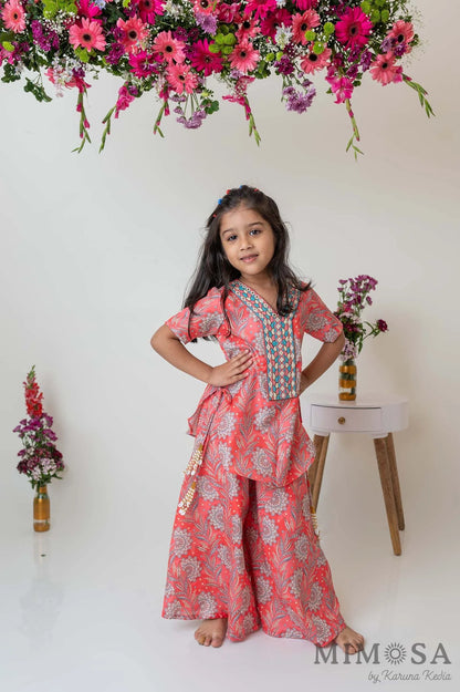 Paisley print kurti with embroidered yoke and flared palazzo