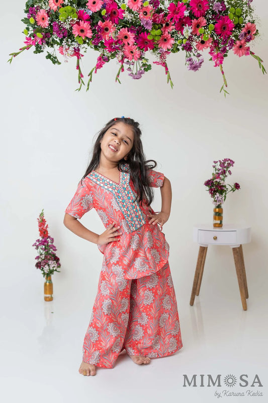 Paisley print kurti with embroidered yoke and flared palazzo