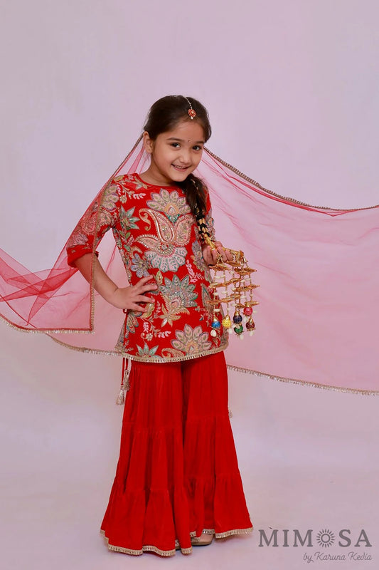 Paisley traditional print on crepe with embroidery allover paired modal satin sharara and net stole