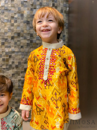 Patola print Kurta  with Mirror Work, comes with a cotton silk bottom with elastic and dori
