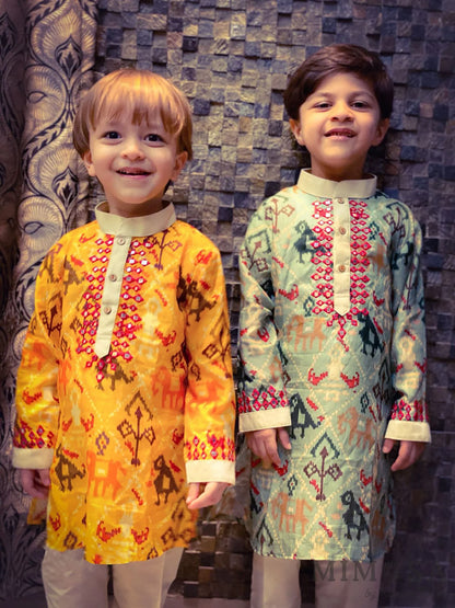 Patola print Kurta  with Mirror Work, comes with a cotton silk bottom with elastic and dori