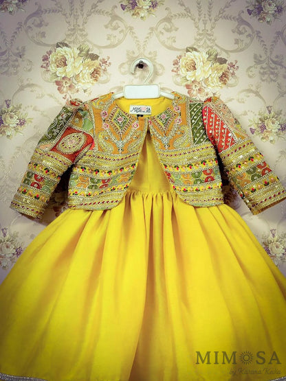 Pre Order: Round Neck Red frock  With Heavy Embroidered Jacket