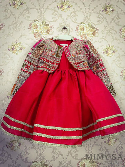 Pre Order: Round Neck Red frock  With Heavy Embroidered Jacket