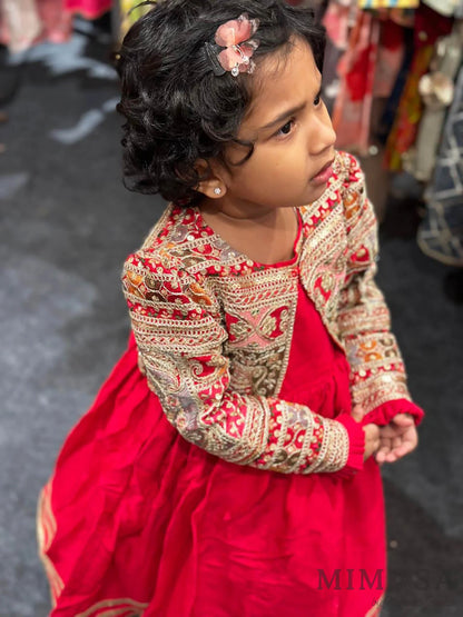 Pre Order: Round Neck Red frock  With Heavy Embroidered Jacket