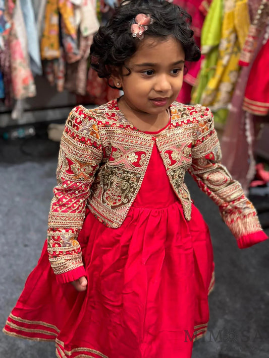 Pre Order: Round Neck Red frock  With Heavy Embroidered Jacket