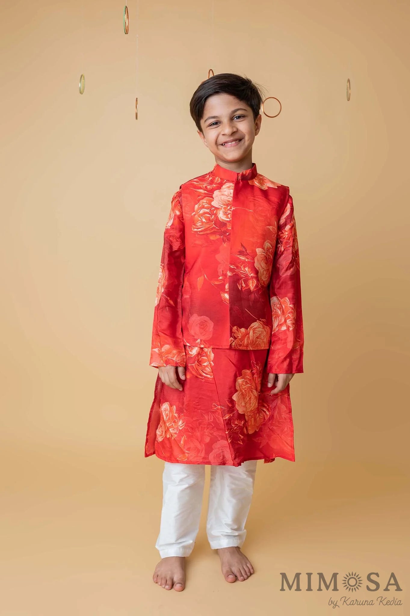 Red rose kurta and bundi set