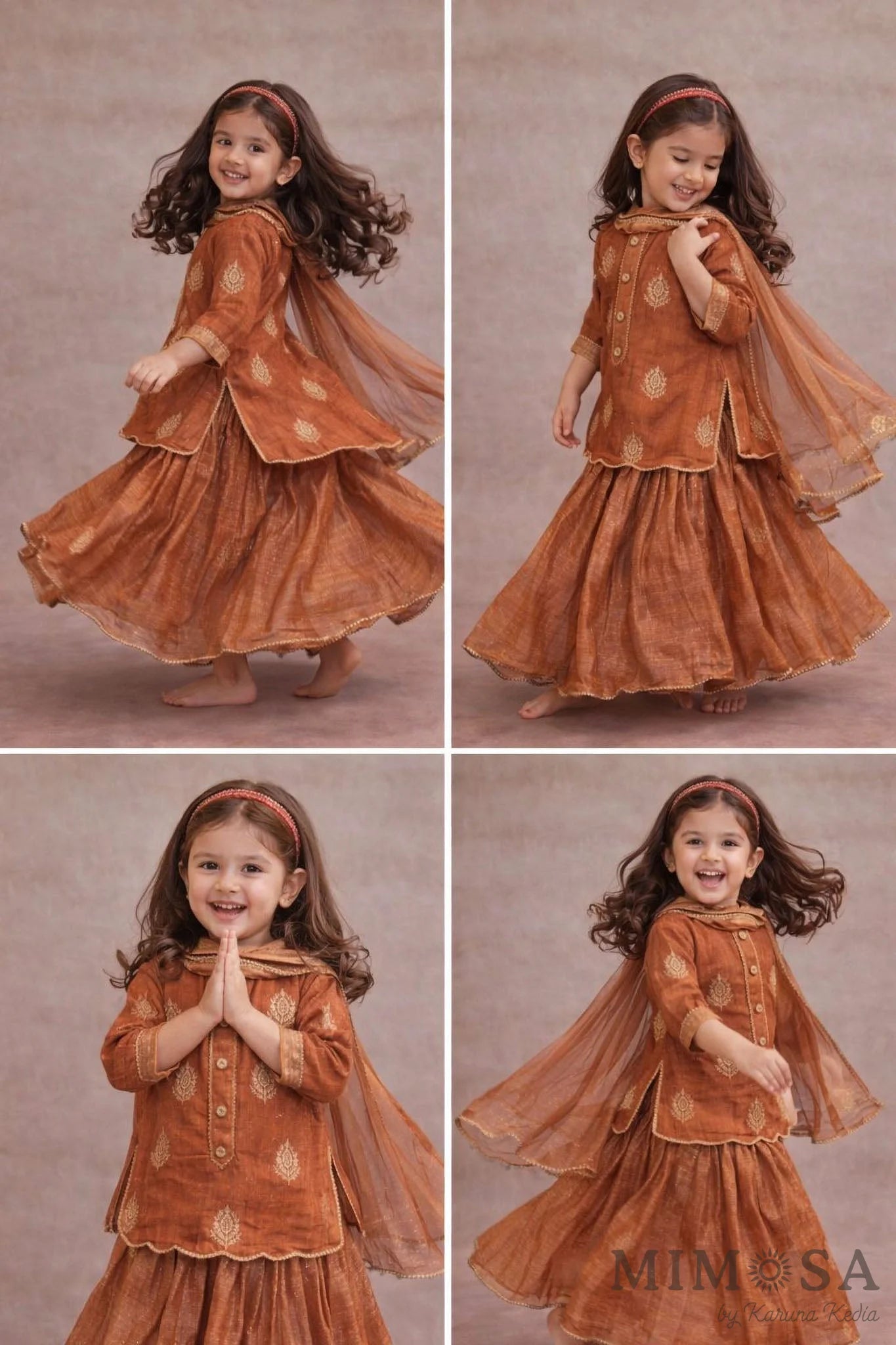 Four panels of a young girl in a rust-colored traditional outfit against a beige background