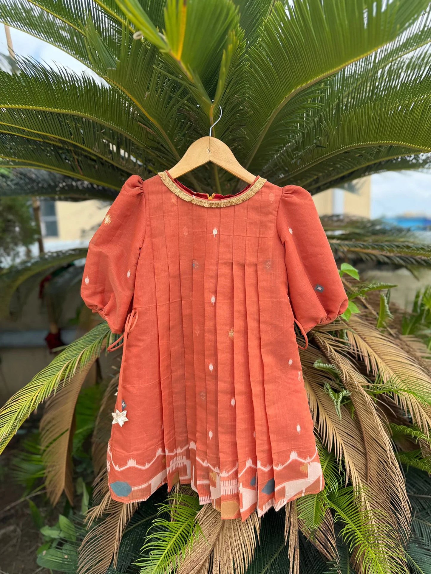 Rust Jamdaani pleated dress with back zip