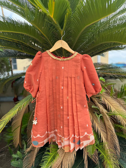 Rust Jamdaani pleated dress with back zip
