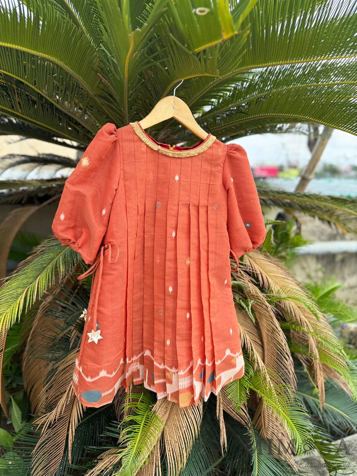 Rust Jamdaani pleated dress with back zip