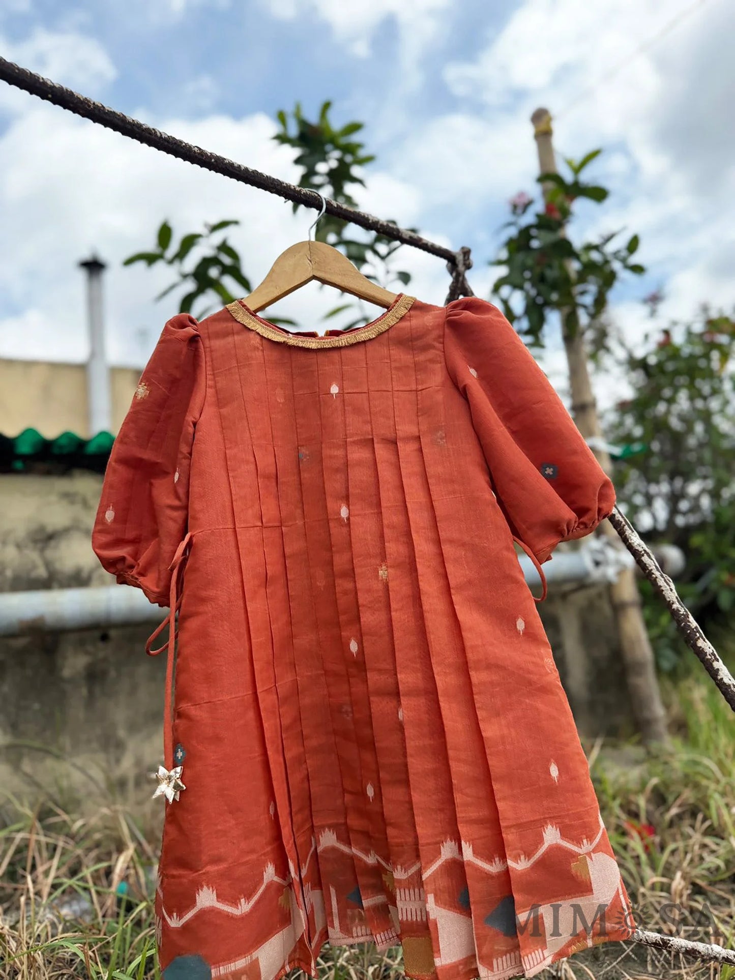Rust Jamdaani pleated dress with back zip