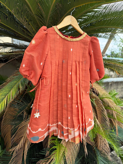 Rust Jamdaani pleated dress with back zip