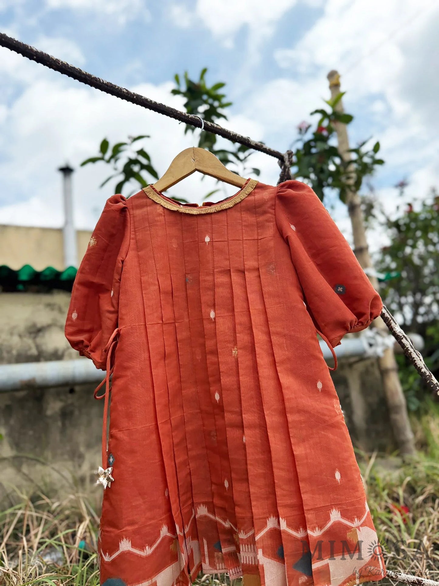 Rust Jamdaani pleated dress with back zip