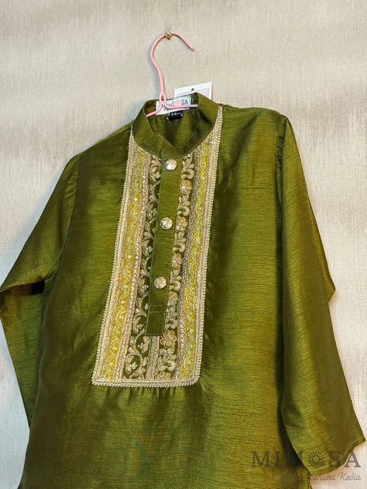 Sage green Kurta pajama in Bambar silk with print and embroidered yoke