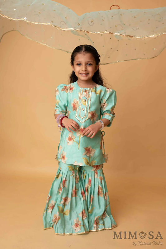 Sea green sharara set with sequinned net dupatta