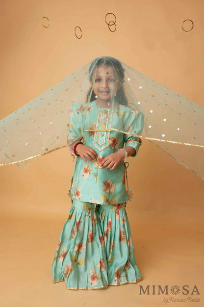 Sea green sharara set with sequinned net dupatta