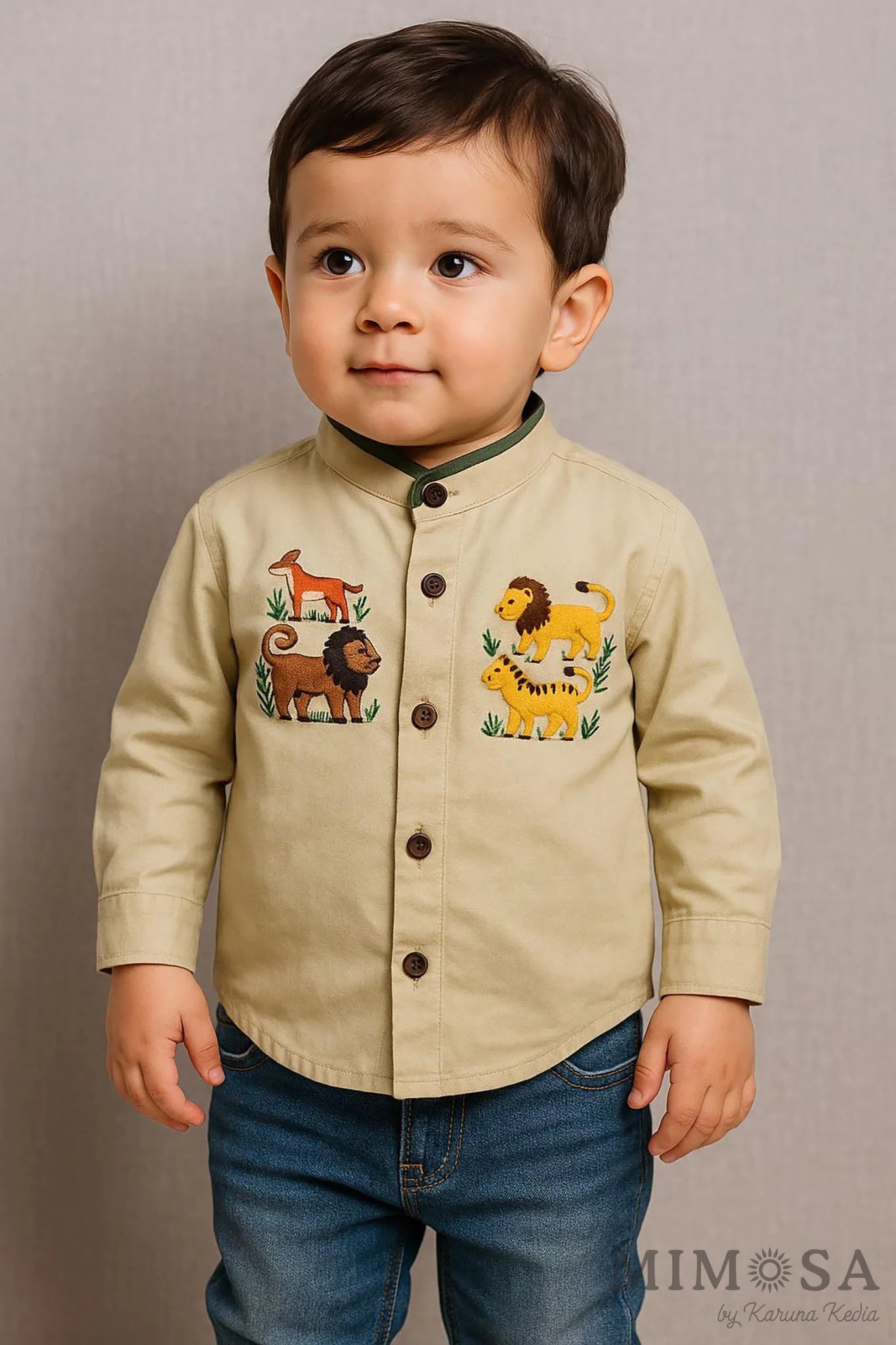 Shirt - beige poplin shirt with animals thread embroidery and neck piping