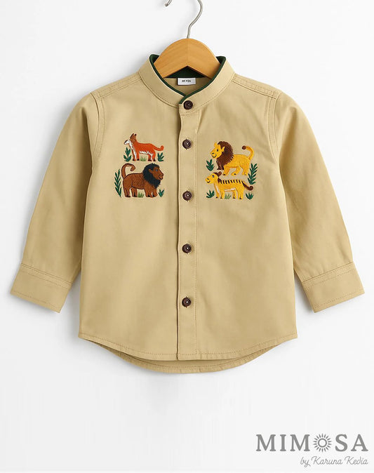 Shirt - beige poplin shirt with animals thread embroidery and neck piping