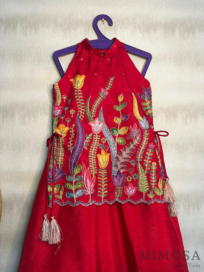 Silk print and embroidery tops with Bambar silk full circle palazzo
