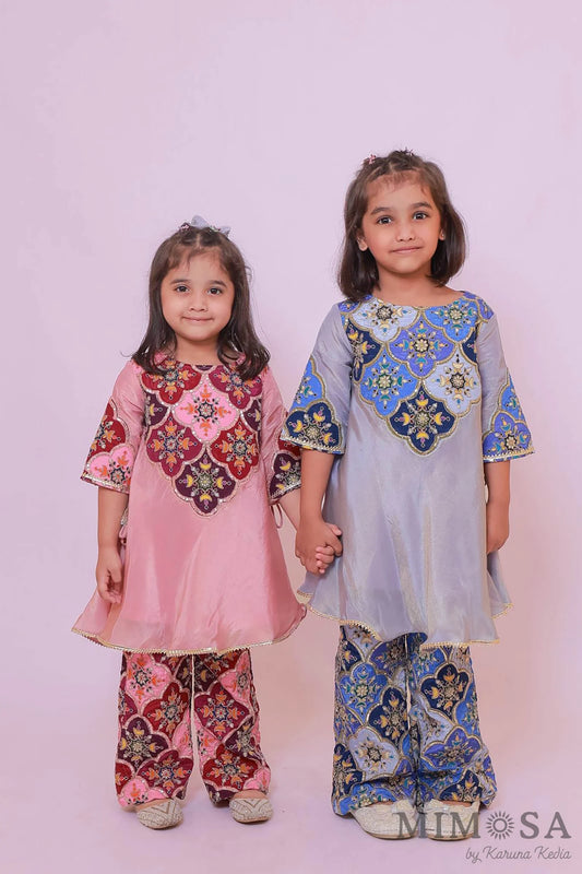 Tissue Kurta set with  flared pants with embroidered yolk and lined with cotton silk